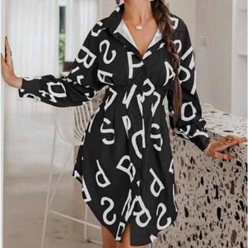 New Women Summer Chiffon Office Dresses Elegant Adults Slim Fit Long Sleeve Words Printed Turn Down Collar Casual Dress Sundress