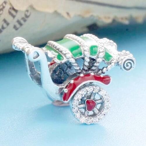 Original Green & Red Enamel Traditional Rickshaw With Crystal Beads Fit 925 Sterling Silver Charm Bracelet Bangle Diy Jewelry