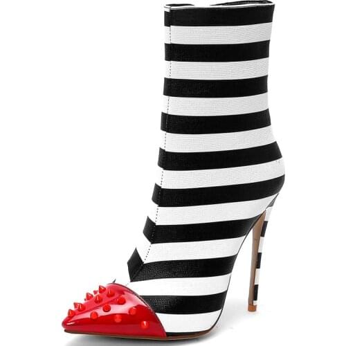 Sexy Boots Women Ankle Boots Sexy Colorblock Pointed Stud Short Boots Women Striped Contrast 12cm Ultra-high Stiletto Heels Lady