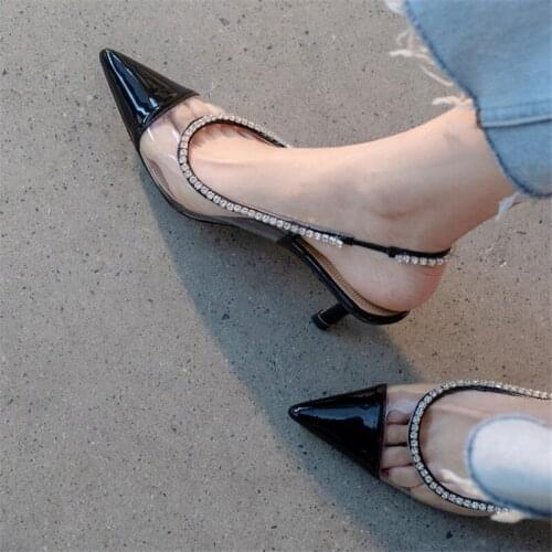 PXELENA Designer Genuine Leather+Transparent Kitten High Heels Pumps Women Crystal Studded Dress Party Evening Shoes Slingbacks