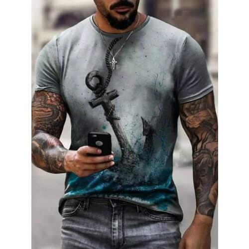 Camiseta de manga corta con estampado de ancla de mapa retro para hombre, camiseta con cuello en O, nuevo estilo de verano