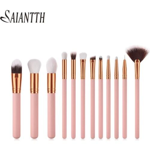 SAIANTTH Professional 12pcs makeup Brushes Set Beauty Tools Wooden Handle Pink Gold Small Fan Straight foundation brush eye kits