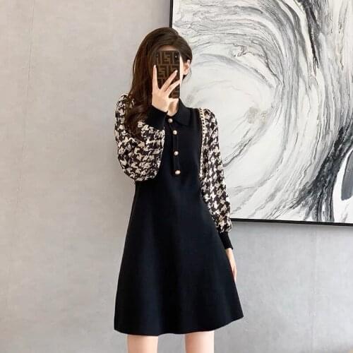 Vintage Contrast Color Dress Women Slim Waist Patchwork Plaid Sleeve A-line Knitted Elegant Party Dresses French Style Robe