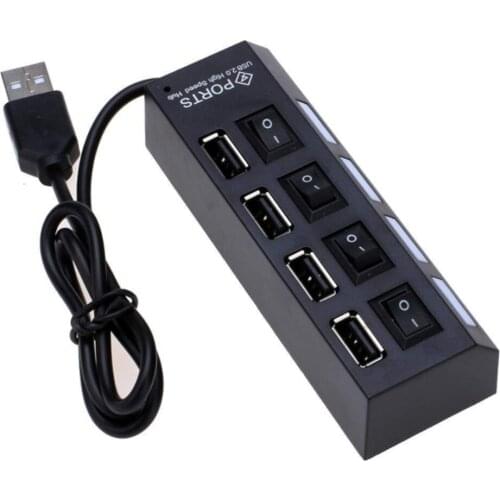 1 Pcs High Speed Mini 4 Ports USB 2.0 Hub Adapter Blue LED Light On/Off Switch