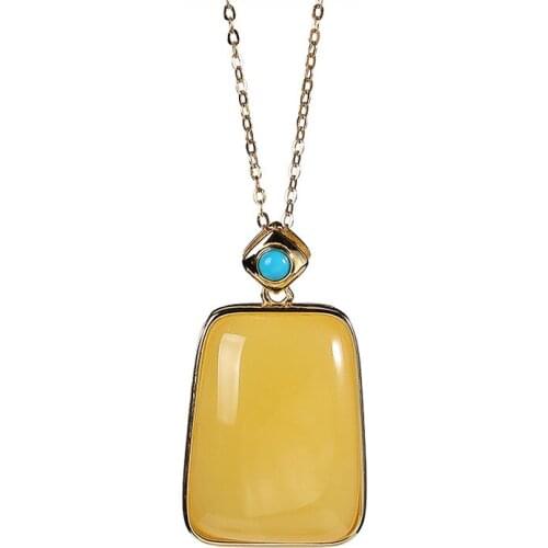 S925 sterling silver gold-plated natural amber turquoise pendant simple temperament lucky pendant ladies pendant