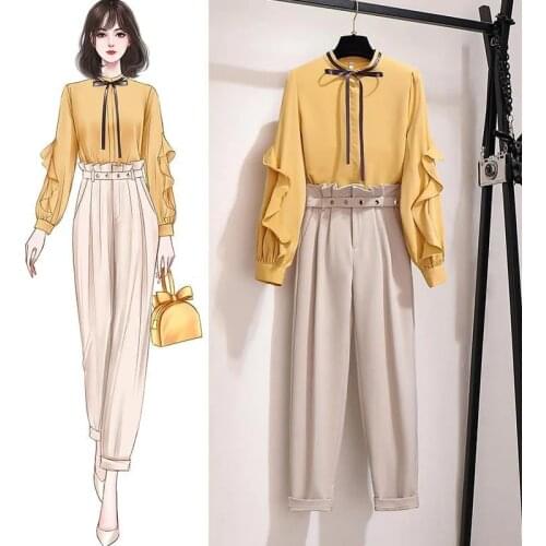 Office Lady Elegant Ruffles Bow Long Sleeve Loose Blouse + Ankle-Length Pant Suit Female korean Fashion 2 Piece Set Women Outfit
