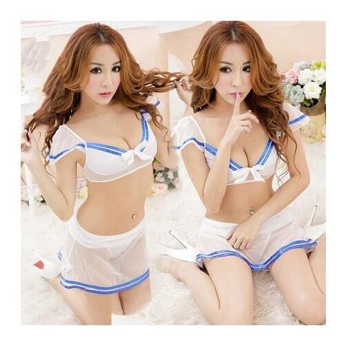 Women Lenceria Sexy Erotic Lingerie Transparent Chiffon Split Cosplay Sailor Suit Coat+Skirt Role Play Student Uniform CE431