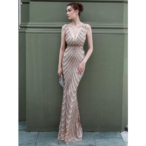 YIDINGZS Deep V Neck Gold Sequin Evening Dress Women Sexy Party Maxi Dress 2021