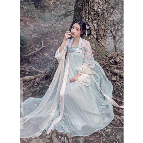 2Pcs Vintage Womens Han Fu Classic Chinese Style Cosplay Embroidered Dance Dress Slim Fit OLOMLB