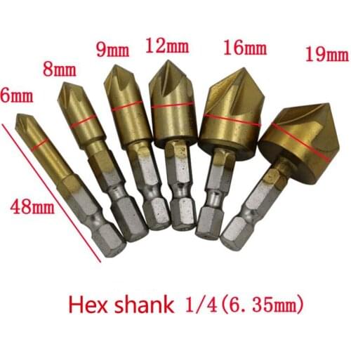 6PCS 1/4'' 6.35mm shank,6mm-19mm Titanium Coated Countersinks 5 Blade 82 Degree Chamfering Cutter Chamfer Drill Press