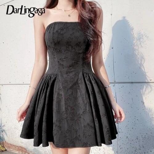 Darlingaga Fashion Elegant Strapless Jacquard Black Dress Female Floral Embroidery Vintage Summer Party Dresses Backless Pleated