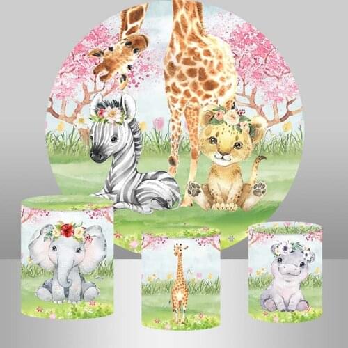 Safari Party Animals Round Backdrop Cover for Kid Birthday Party Decor Elephant Cake Table Cylinder Cover Baby Shower Background