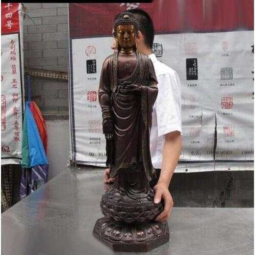 Chinese Buddhism Red Bronze Lotus Boy SongZi Guanyin Kwan-yin Bodhisattva Statue