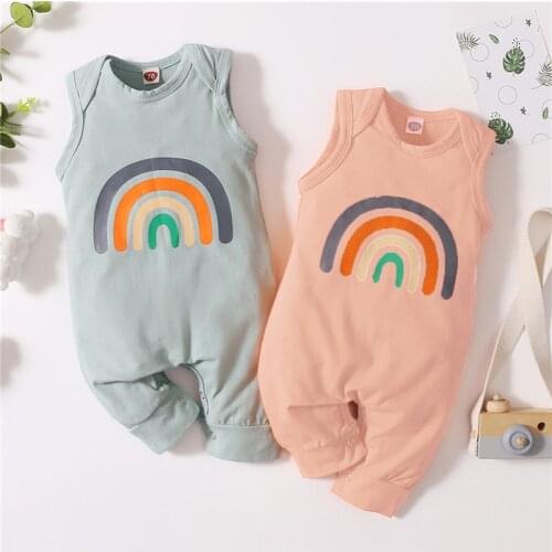 Infant Sleeveless Jumpsuit with Rainbow Pattern Print Loose Fit Ribbed Closure Summer Clothing
