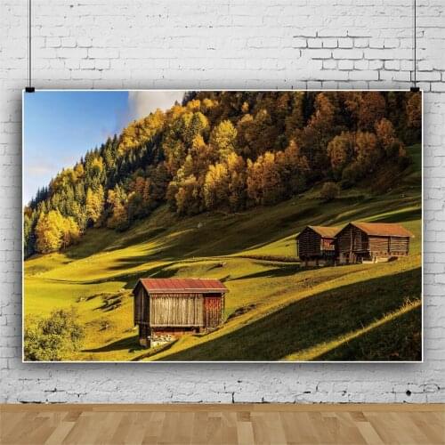 Laeacco Mountain Forest Autumn Nature Scenic Farm House Shrub View Blue Sky Photocall Poster Photographic Background Backdrops