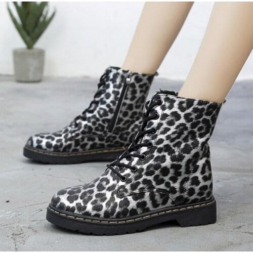 Leopard Women Ankle Boots Non-slip Plush Ladies Female Lace-up Shoes Flats Platform Women Footwear Fashion 2020