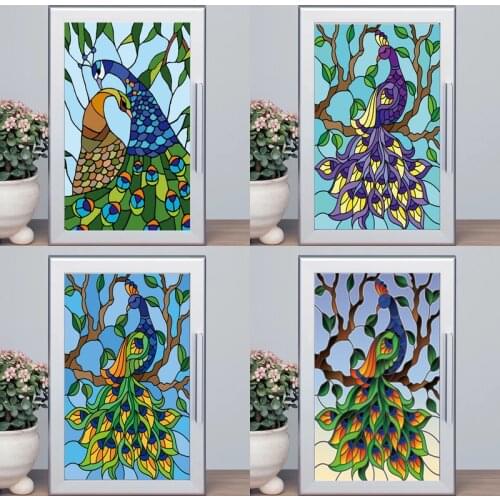 Peacock Frosted Window Film Anti Looking Privacy 3D Static Stained Glass Films HD Print Sticker Mirror Non-adhesive Color Decor