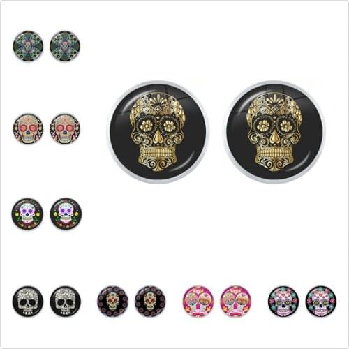 Sugar Skull Stud Earrings for Men and Women Halloween Glass Dome Cabochon Tiny Day of The Dead Jewelry Pendientes hombre