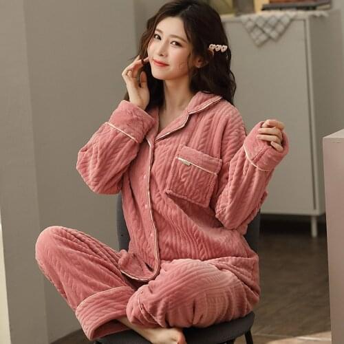 Sleepwear Pajamas Womens Autumn and Winter Plus Velvet Thick Long-sleeved Cardigan Can Be Worn Outside Warm Home Service Suit