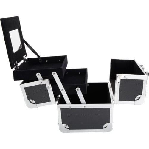 Portable multifactional Diamond aluminum Texture Aluminum Makeup Storage Bag with Mirror & Key Black