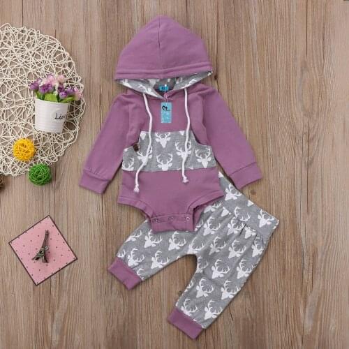 0-24M Baby Girls Casual Clothes Set Patchwork Long Sleeve Hooded Romper + Elastic Waist Long Pants 2Pcs Reindeer Autumn Outfits