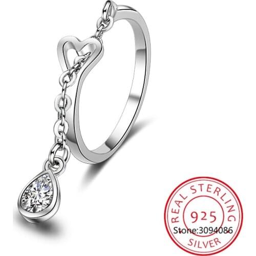 Hot Sale Fashion AAA Zircon Waterdrop Pendant Chain Rings 925 Sterling Silver Adjustable Heart Ring For Women&Girl Jewelry Gift