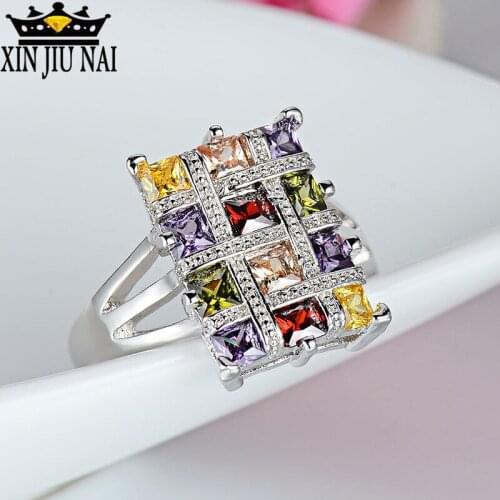Luxury Female Colorful Square Zircon Ring Fashion Silver Color Party Wedding Ring Vintage Engagement Promise Rings For Women