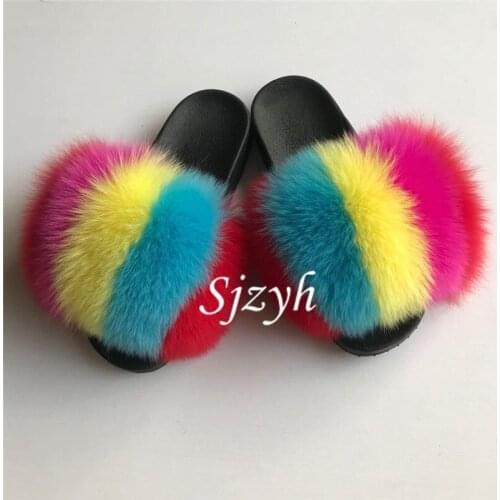 Wholesale Ladies Fox Fur Slippers Luxury Fluffy Slides Childrens/Kids Furry Sandals Womens Stripe Plush Flip Flops Female Shoe
