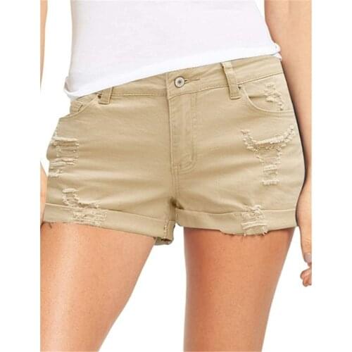 Solid Color Denim Shorts Women Vintage Slim Mid Waist Khaki Straight Short Summer Casual Ripped Burr Button Jeans Female Shorts