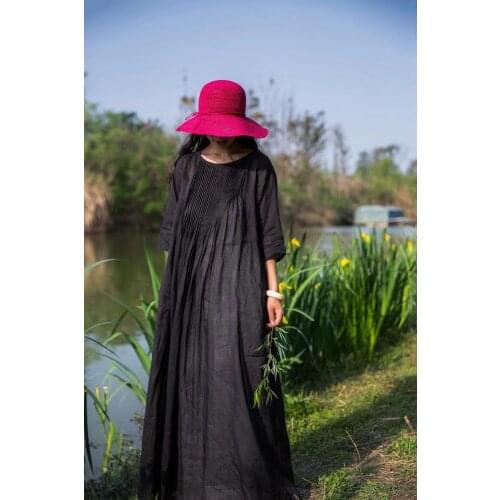 Xige Chinese style ramie dress autumn womens dress national wind organ fold retro dress ramie dress