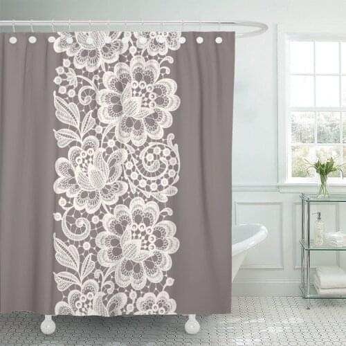 Wedding White Lace Beige Pattern Floral Flower Rose Pastel Shower Curtain Waterproof Polyester Fabric 72 x 78 Inches Set