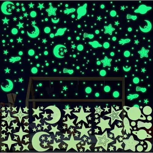 3D Luminous Star Moon Planet Rocket Wall Stickers Glow In Dark Fluorescent Wall Decals For Kids Room Bedroom Home Decoration