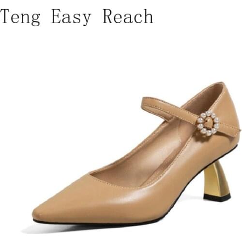 2021 Chic Spring Retro Mature Female Shoes Pointed Toe Pearls Buckle Strap Nude Milky Gold Heels Women Mary Janes Pumps