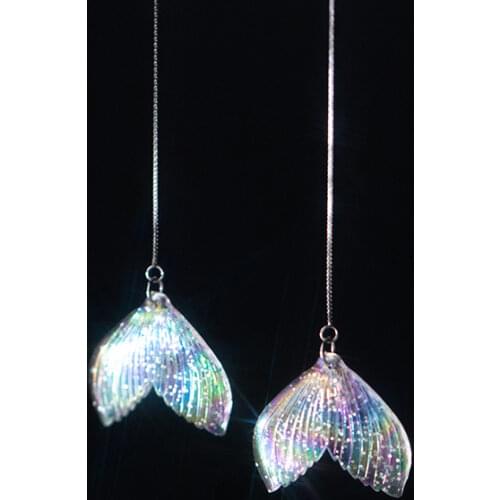 925 Sterling Silver Fluorescent Color Sequin Fishtail 10.4CM Length Earrings Fashion Women Lady Daughter Jewelry Best Gifts