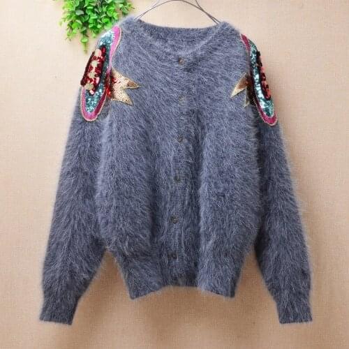 Female women fashion sequins hairy plush mink cashmere knitted long sleeves loose cardigans angora fur jacket coat sweater pull