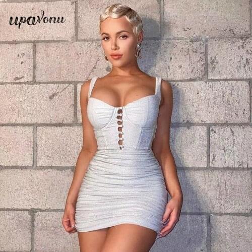 Free Shipping Sexy Shiny Dress 2021 Womens Summer Strapless Hollow Bodycon Draped Mini Dress Celebrity Club Night Party Vestido