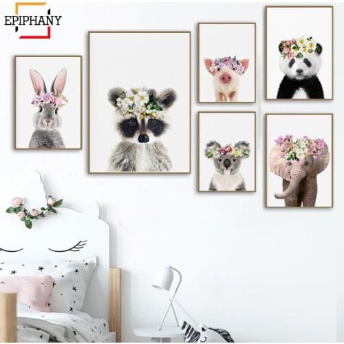 Animals with Flower Crowns Giraffe Panda Zebra Monkey Art Print Zoo Safari Animal Nursery Girls Room Wall Art Painting Pictures