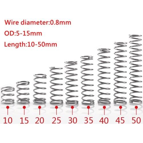 10pcs Wire Diameter 0.8mm Stainless Steel Micro Small Compression Spring OD 5mm/6mm/7mm/8mm/9mm/10mm/12mm/14mm Length 10-50mm