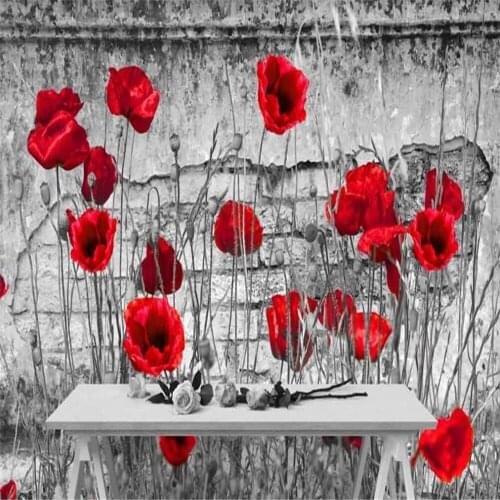 Custom 3D wallpaper mural black and white retro shabby brick wall poppy flower background wall painting decorative wallpaper