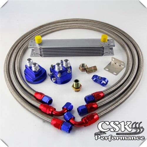 7 Row AN10 Universal Engine Transmission Oil Cooler British Type + Filter Adapter Kit Blue