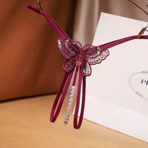 Biiggxx pearl open file massage ladies panties embroidered sexy transparent t-pants low-waist mesh sequined thong