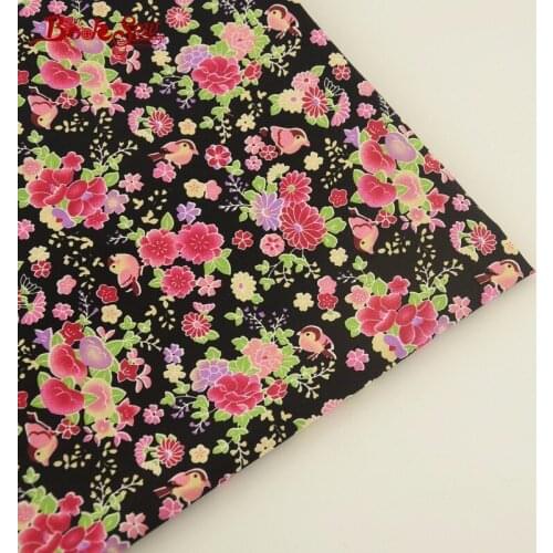 Booksew 100% Cotton Poplin Fabric Soft Sewing Black Fat Quarter Flower And Bird Pattern For DIY Crafts Clothing Dress Shirt CM