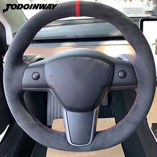 Car-styling Accessories Steering Wheel Cover Suede Leather Hand-stitched For Tesla Model 3 Car Handlebar Cover 2020