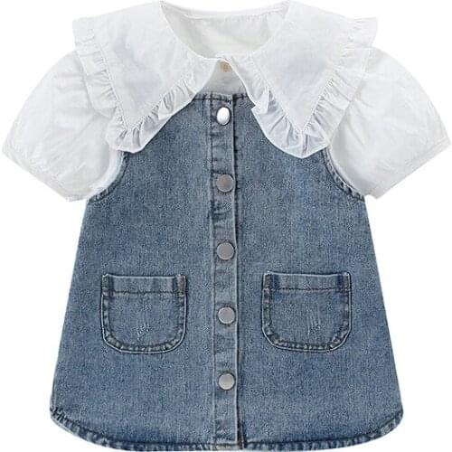 Kids Girls Korean White Short Sleeve Shirt +Denim Dress