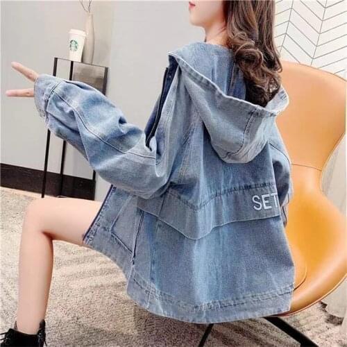 Jean Jacket Denim Women Top Oversized Fall Clothes Embroidered Fashion Bomber Vintage Female Lady Loose Coat Turn-down Collar