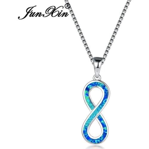 JUNXIN Love Infinity Blue White Fire Opal Necklaces For Women White Gold Filled Rainbow Letters 8 Pendant Female Wedding Gift