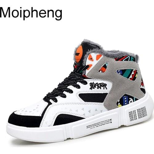 Moipheng High Top Sneakers Warm Winter Plush Women Shoes Graffiti Platform Sneakers White Lover Shoes Size 11 Zapatos De Mujer