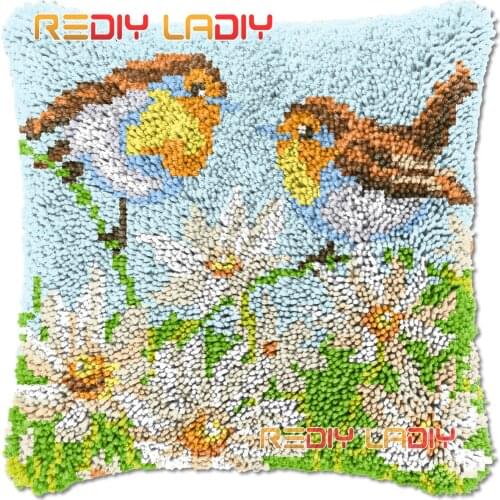 Latch Hook Cushion Cover Two Birds on Flowers Needlepoint Kits Chunky Acrylic Yarn Crocheting Pillow Case Arts & Crafts