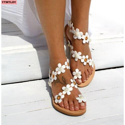 Summer Flat Sandals Ladies Fashion Flowers Open Toe Open Toe Sandals 2020 Wedding Party Sexy Sandals Plus Size 35-44