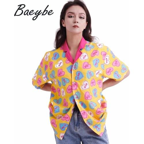Summer Women Solid Heart Pattern Print Shirt Aloha Shirts Hawaiian Casual Blouse Male&Female Button Up Short Sleeve Clothing